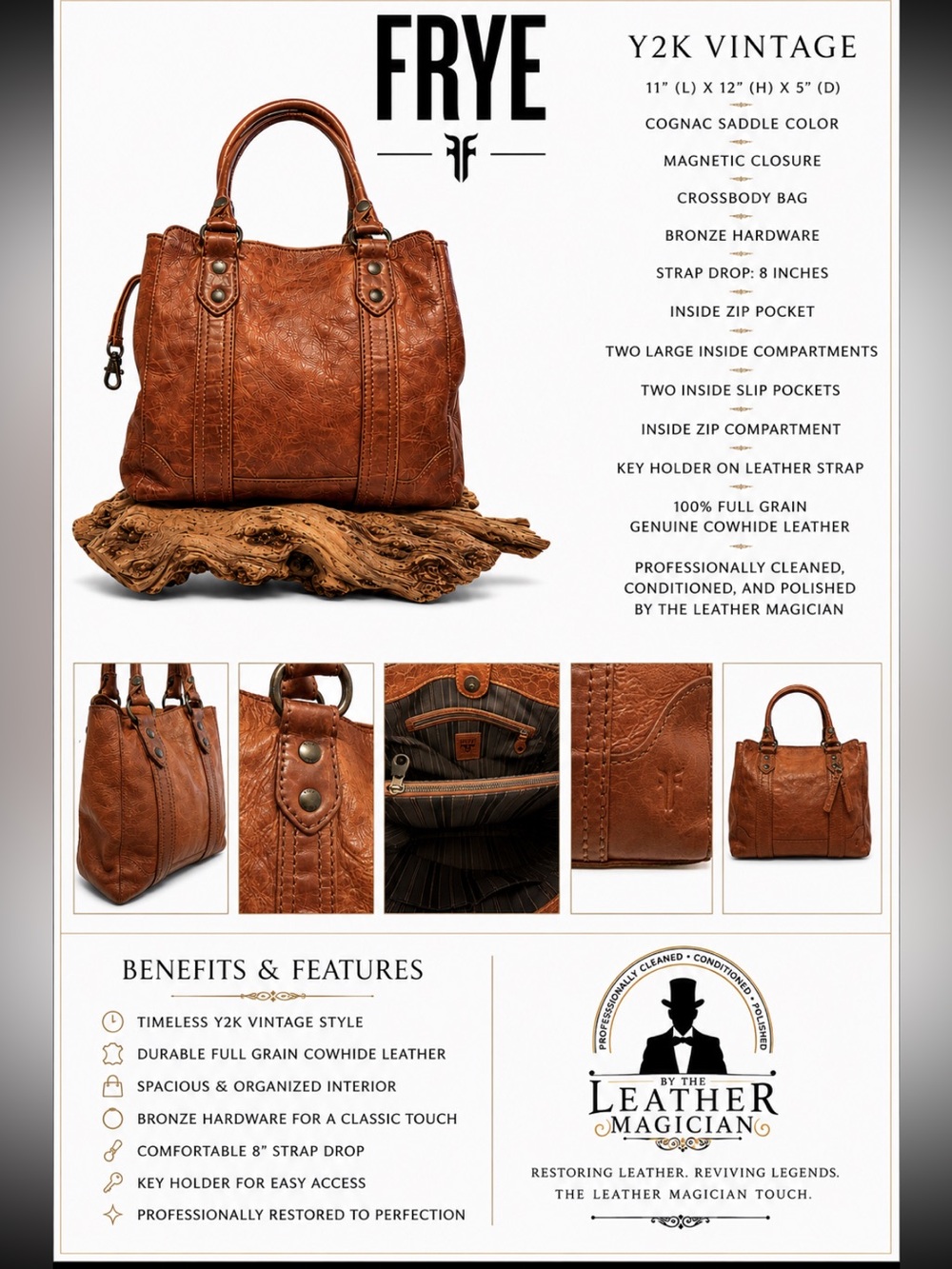 FRYE Heritage Cognac Leather Satchel Crossbody Purse Full Grain Cowhide COA